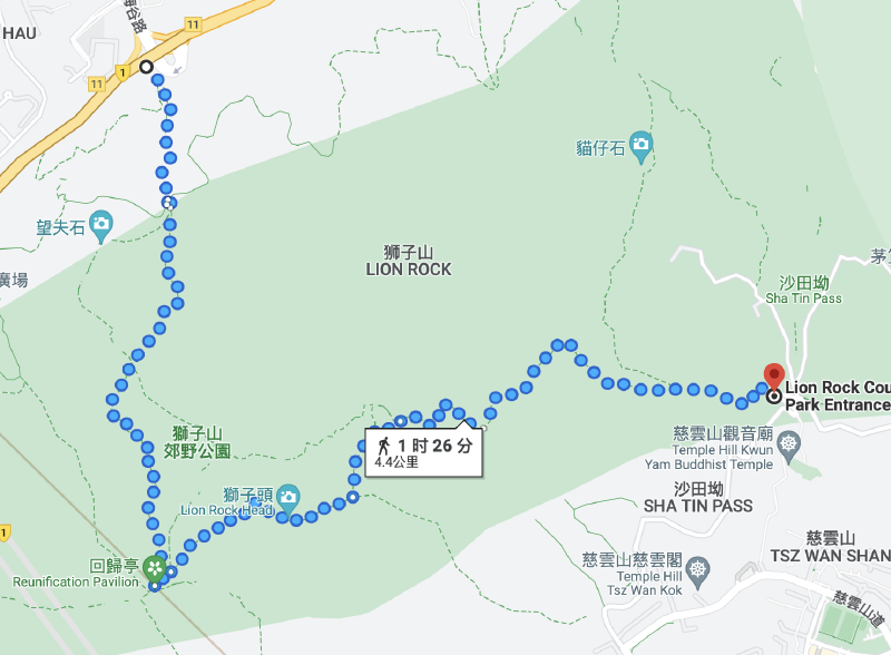 爬山路线。其实在某个路口朝走沙田坳坉(Sha Tin Pass Estate)下会近一些，但我走错了路，走向了沙田坳 (Sha Tin Pass)。